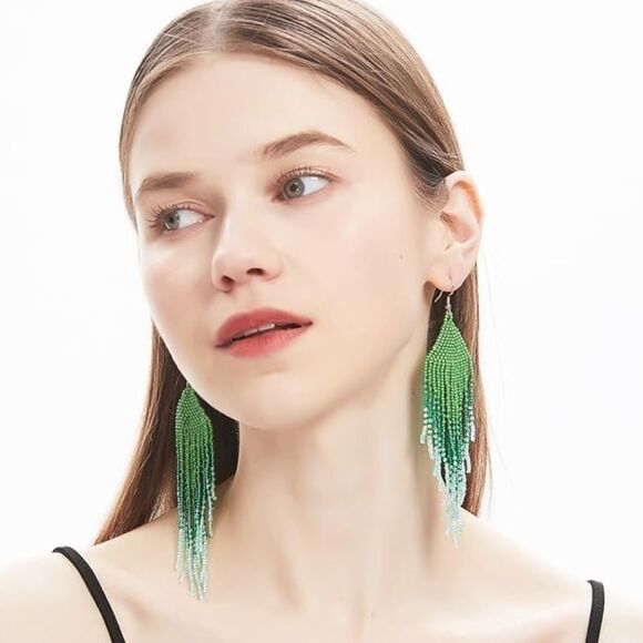 Green Bohemian Seed Bead Tassel Dangling Statement French Wire Hook Earrings - Picture 7 of 7